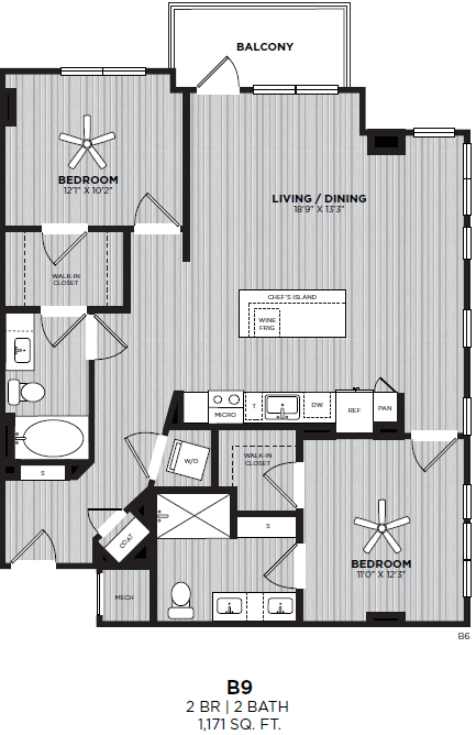 A black and white image of a floor plan for a 2 bedroom, 2 bath apartment.